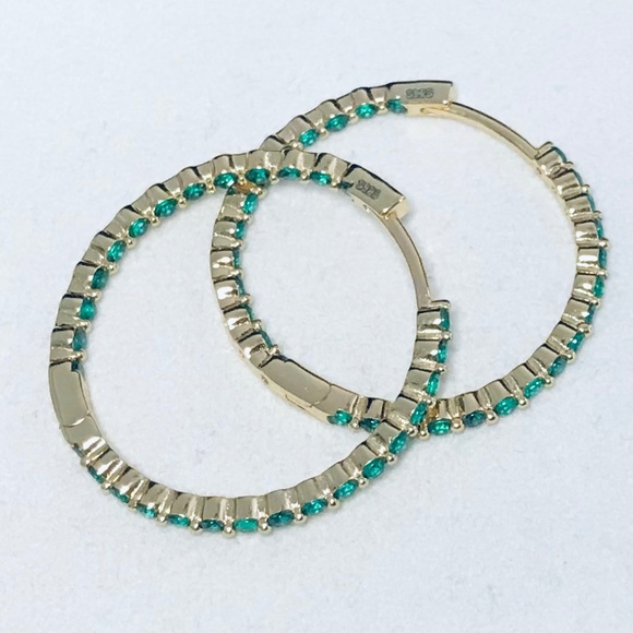 Lab Emerald Inside Out Hoop Earrings - Picture 7 of 11